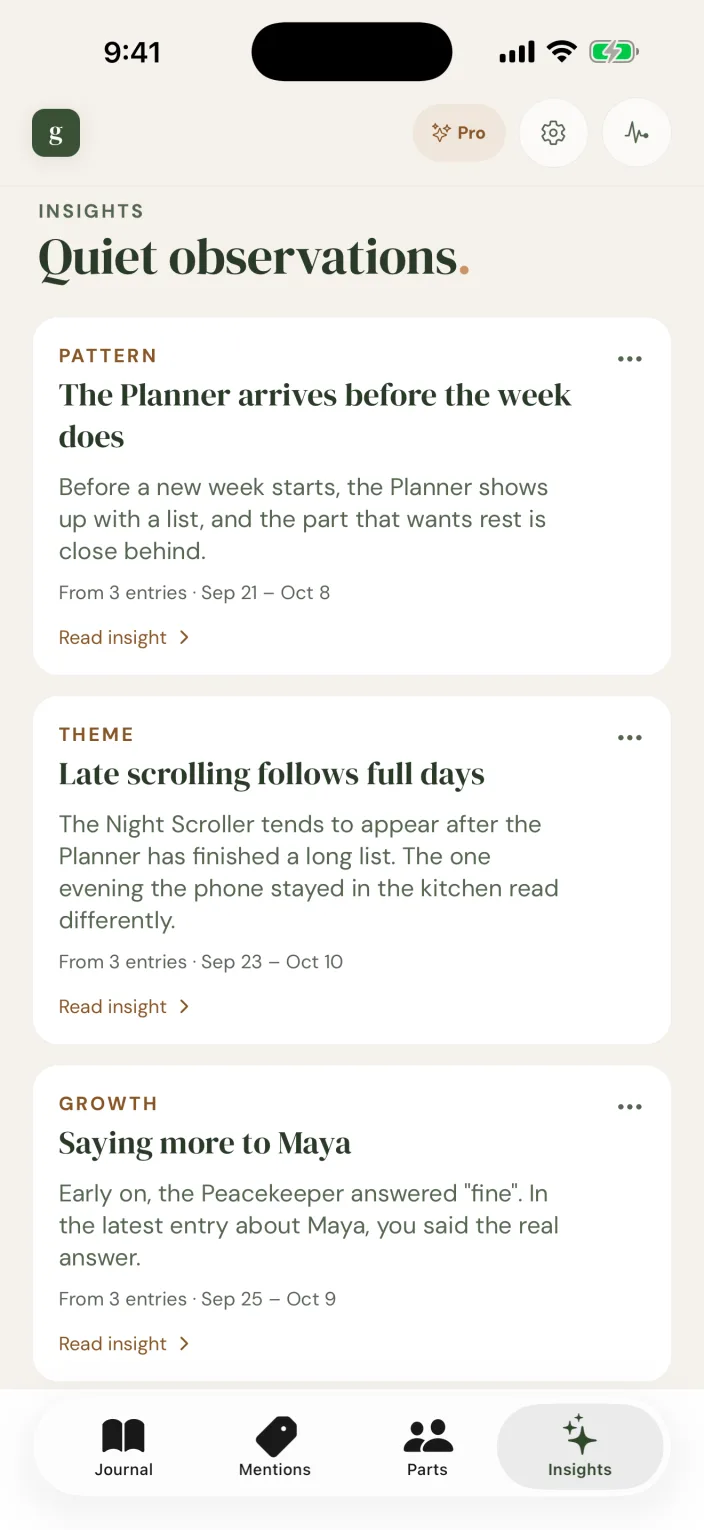The GoodParts Insights screen, “Quiet observations”: pattern, theme and growth insights, each drawn from three entries over a span of dates.